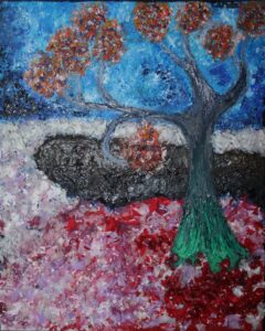 [Justine CM] Peinture à huile avec des morceaux de tissu collés représentant un arbre sur la droite au tonc vert en bas, tirant sur le noir vers les branches en fleurs orangées. Ciel entre bleu marine et bleu ciel. Champ de fleurs rouges, roses et blanches, étendue d'eau noire. Achevé en juillet 2016