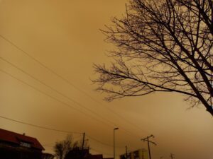 [Justine CM] Ciel jaune limite marron clair dû au vent charriant le désert du Sahara. On voit des poteaux électriques, une moitié d'arbre à droite et le toit d'une maison