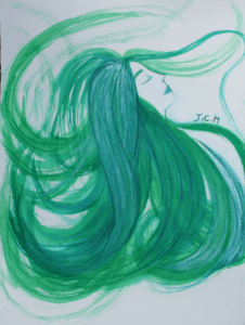 [Justine CM] Visage de profil tourné vers la droite aux longs cheveux lisses partant dans tous les sens. Yeux fermés. Peinture entièrement à l'encre à dessiner bleu turquoise et vert turquoise. Achevé en septembre 2020