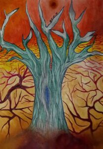 [Justine CM] Dianteph. Sur un fond de désert au sol brun tirant au loin sur le jaune, craquelé de fissures rouges, un ciel orangé avec un soleil rouge, pousse un arbre à l'écorce pareille à des écailles, d'un bleu turquoise bordé de violet, dont les racines se confondent avec les fissures et les branches nues s'élèvent vers le ciel.