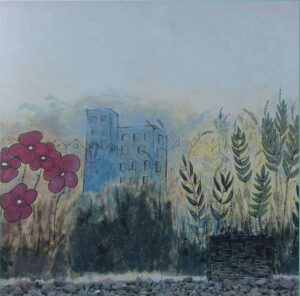 [Justine CM] Belfort, jonction entre Offemont et l'étang des Forges. Photo prise en 2020. 1er côté où on voit des fleurs rouges, un bâtiment bleu et de l'herbe.