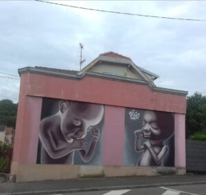 [Justine CM] Belfort, le Mont. Photo prise en 2019. Sur fond rose, puis noir, deux bébés représentés comme s'ils étaient dans le ventre de leur mère.