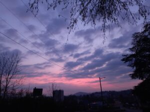 [Justine CM] Ciel crépusculaire et hivernal : bleu violet tirant sur le rose au loin, nuageux, avec une ligne électrique, des arbres et une vue sur la ville.